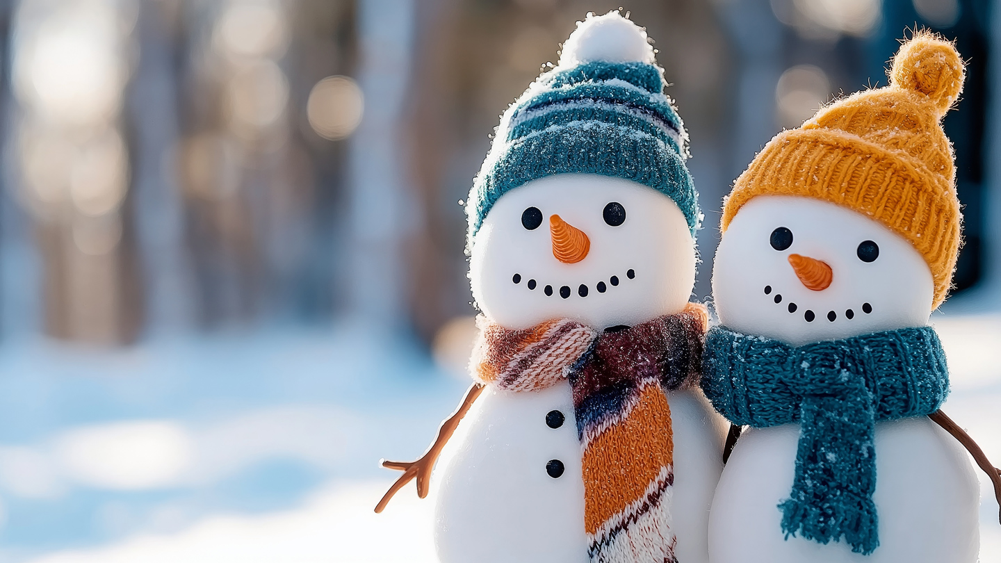 Two cute snowmen with hats and scarves in a winter scene