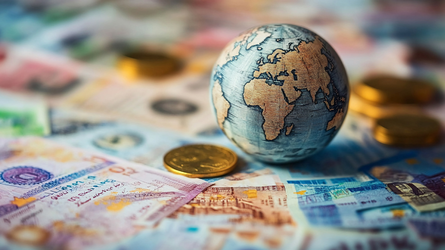 Globe sitting on international currency