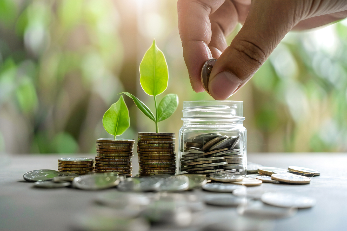 Young plants growing out of coin stacks