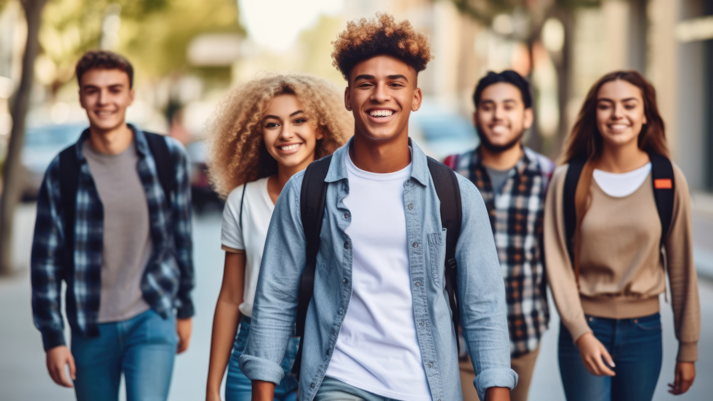 Young adult students walking together with backpacks